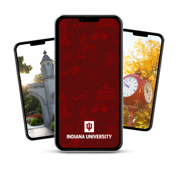 A cellphone with an IU wallpaper featuring campus icons like the Sample Gates, red clock tower, and the Student Building.