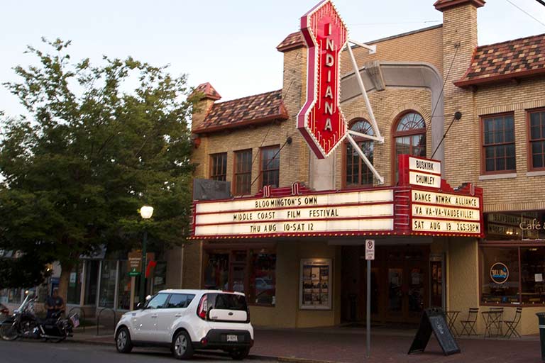 The Buskirk-Chumley Theater with large read "Indiana" sign as seen on Kirkwood Avenue.